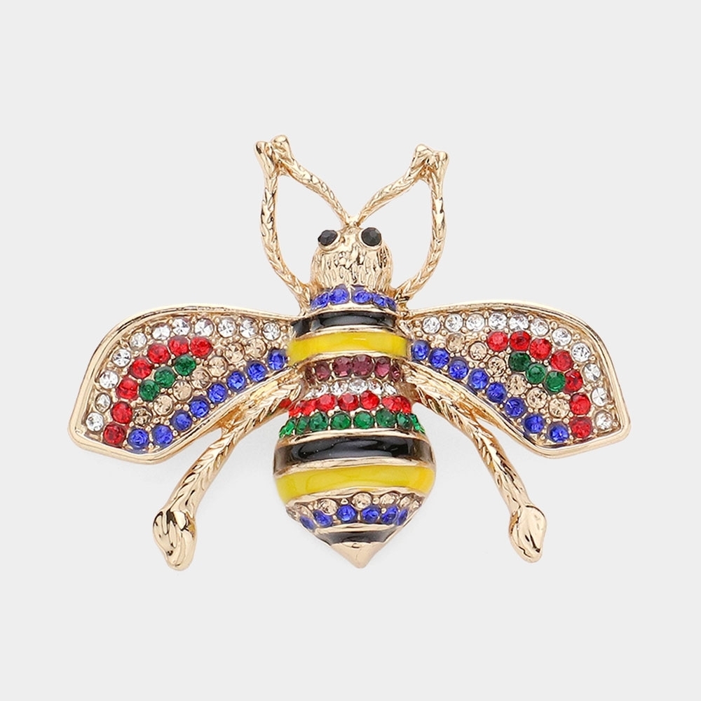 Colorful Gold Stripe Rhinestone Crystal Honey Bee Brooch Pin Fashion Accessory - Picture 3 of 3